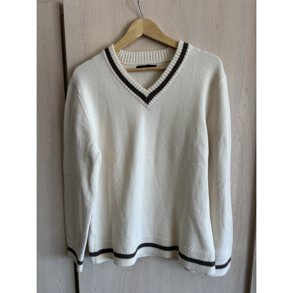 Oak + Fort Knit V-Neck Pullover Sweater Mens Medium Cream Brown Long‎ Sleeve